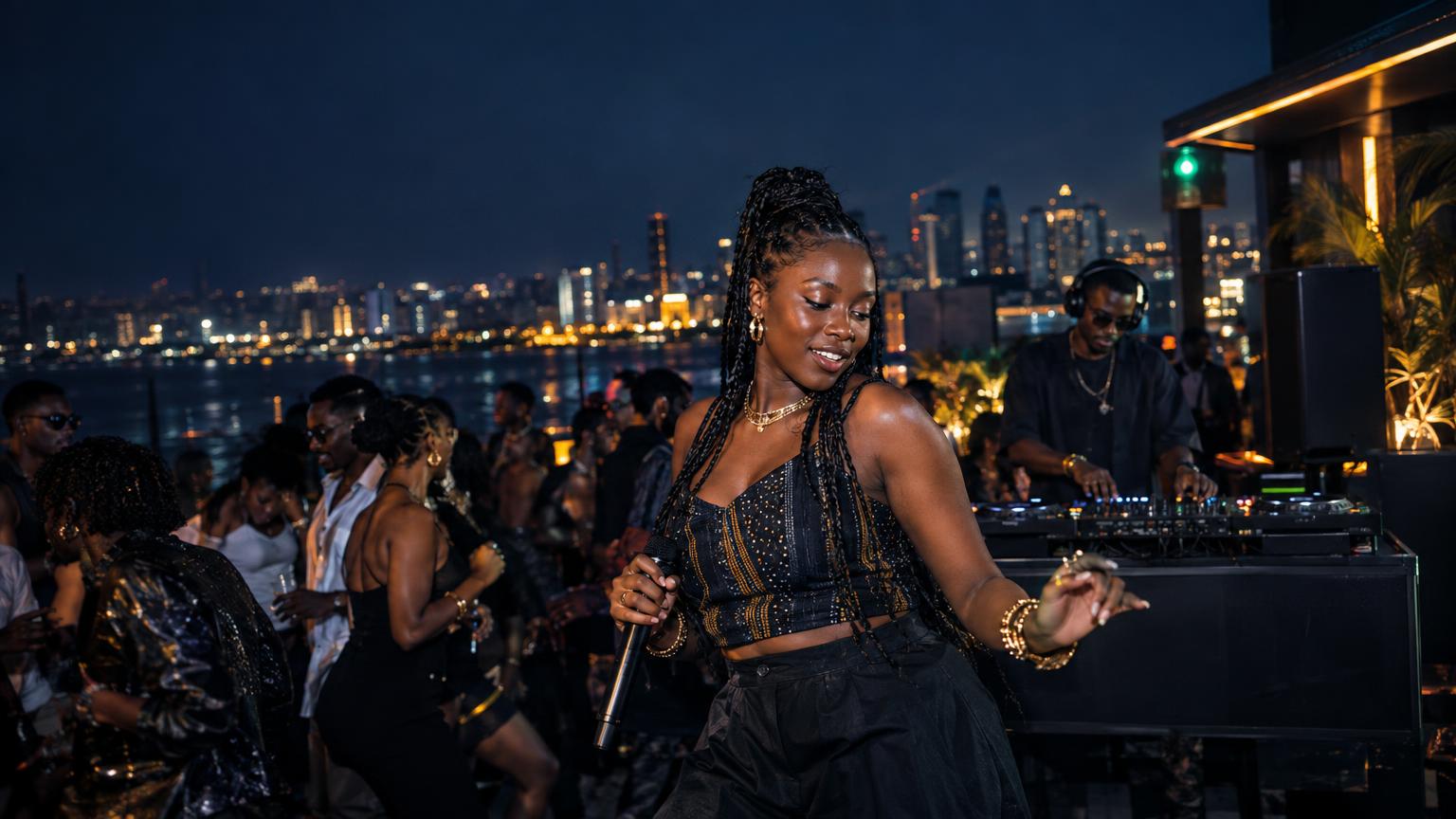 16:9 illustration showing a night-time amapiano scene: silhouetted vocalist and dancers, deep blue background, gold highlights and waveform lines suggesting bass and rhythm.